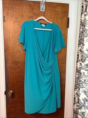 Addressing woman Teal Draped V-Neck Midi Dress